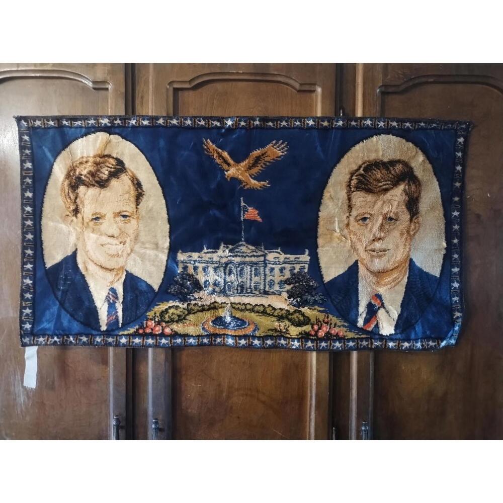 Vintage President JFK & RFK Kennedy Brothers Tapestry Wall Hang Rug Italian Made